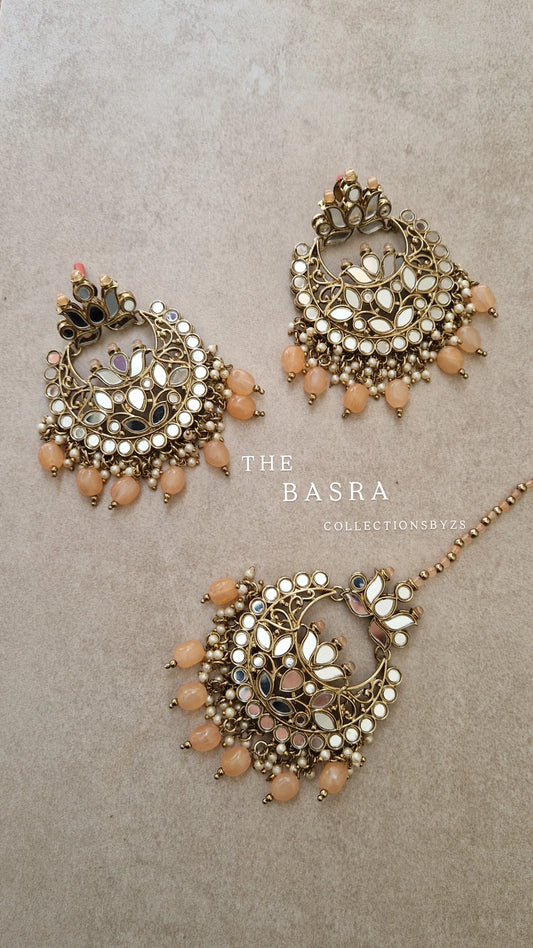 BASRA - Oversized Mirror Punjabi Indian Earrings and Tikka- Peach and bronze