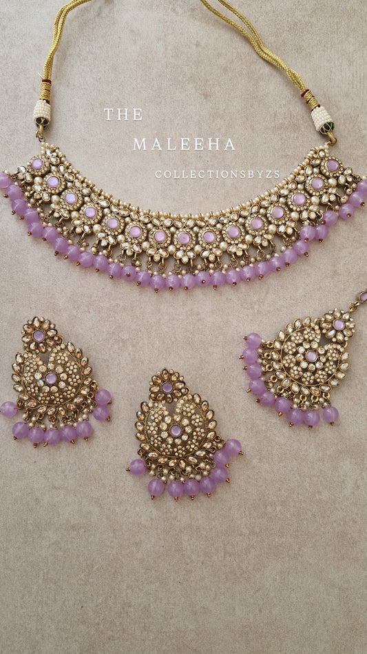 MALEEHA - Necklace, Earrings and Tikka Set- Value range- Lilac
