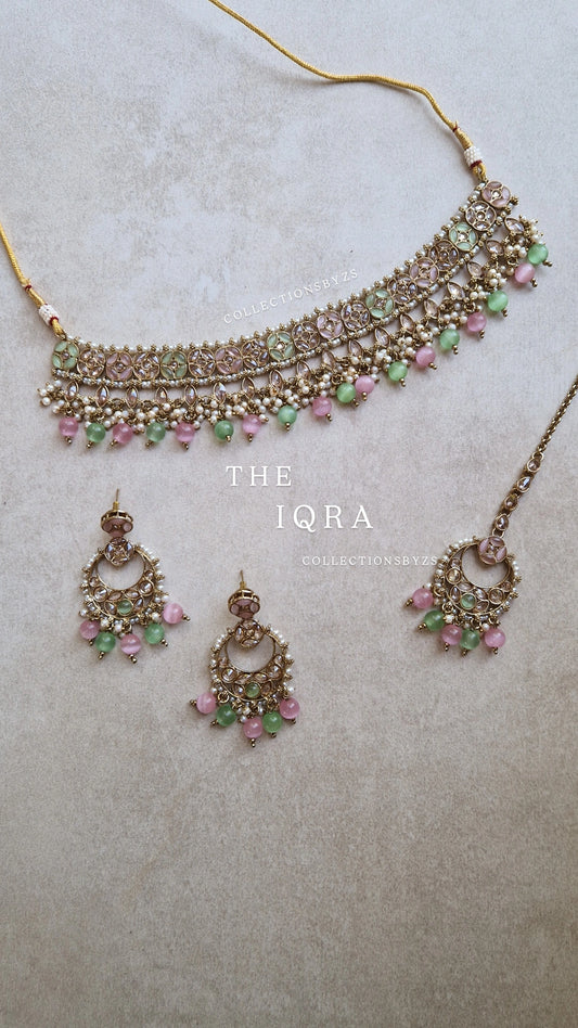 IQRA - Beautiful Reverse AD Choker Set - GREEN & PINK