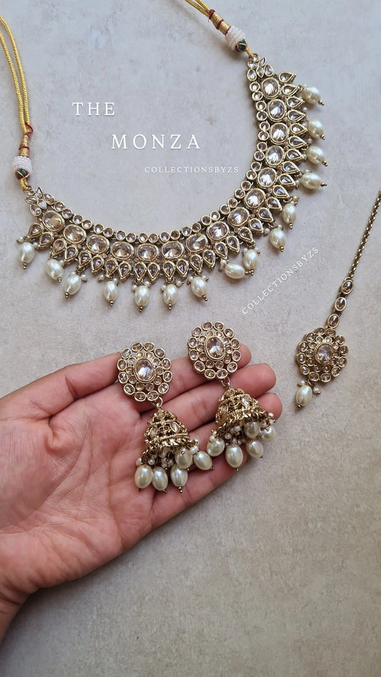 MONZA - Elegant Indian Reverse AD Jewellery Set with Jhumka and Tikka- White Pearl