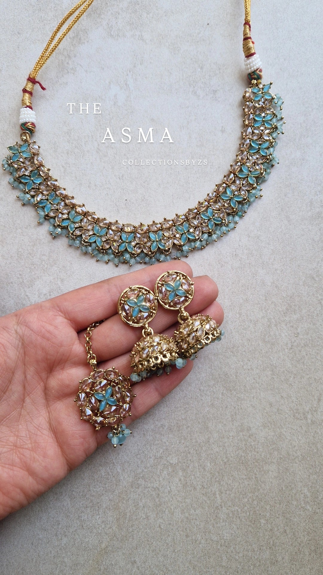 ASMA- Sleek Elegant Reverse AD Jewellery Set - Light Blue Ferozi * Introductory offer*