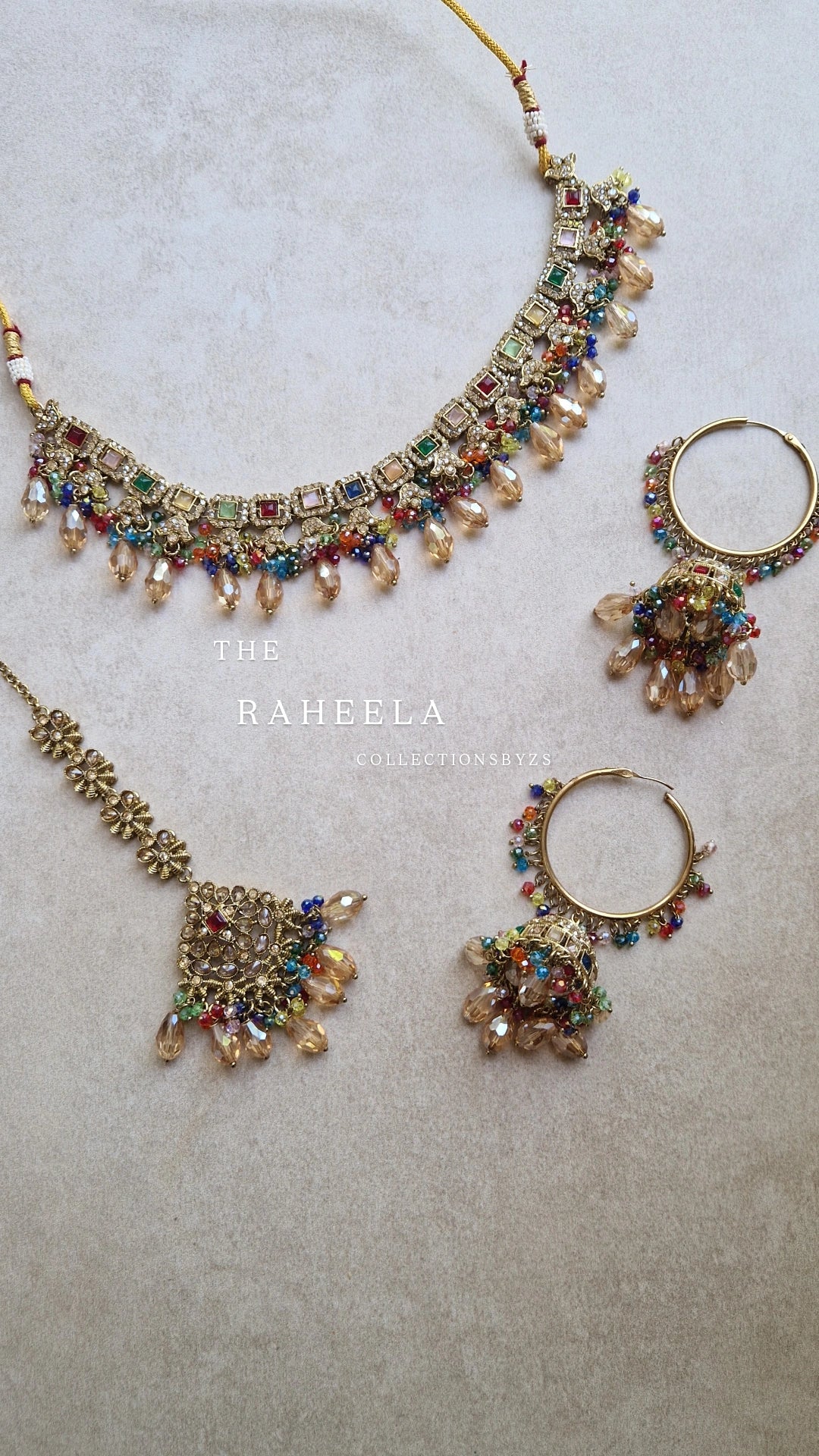 RAHEELA - Elegant Sleek Crystal Indian Jewellery Set - MULTICOLOURED.