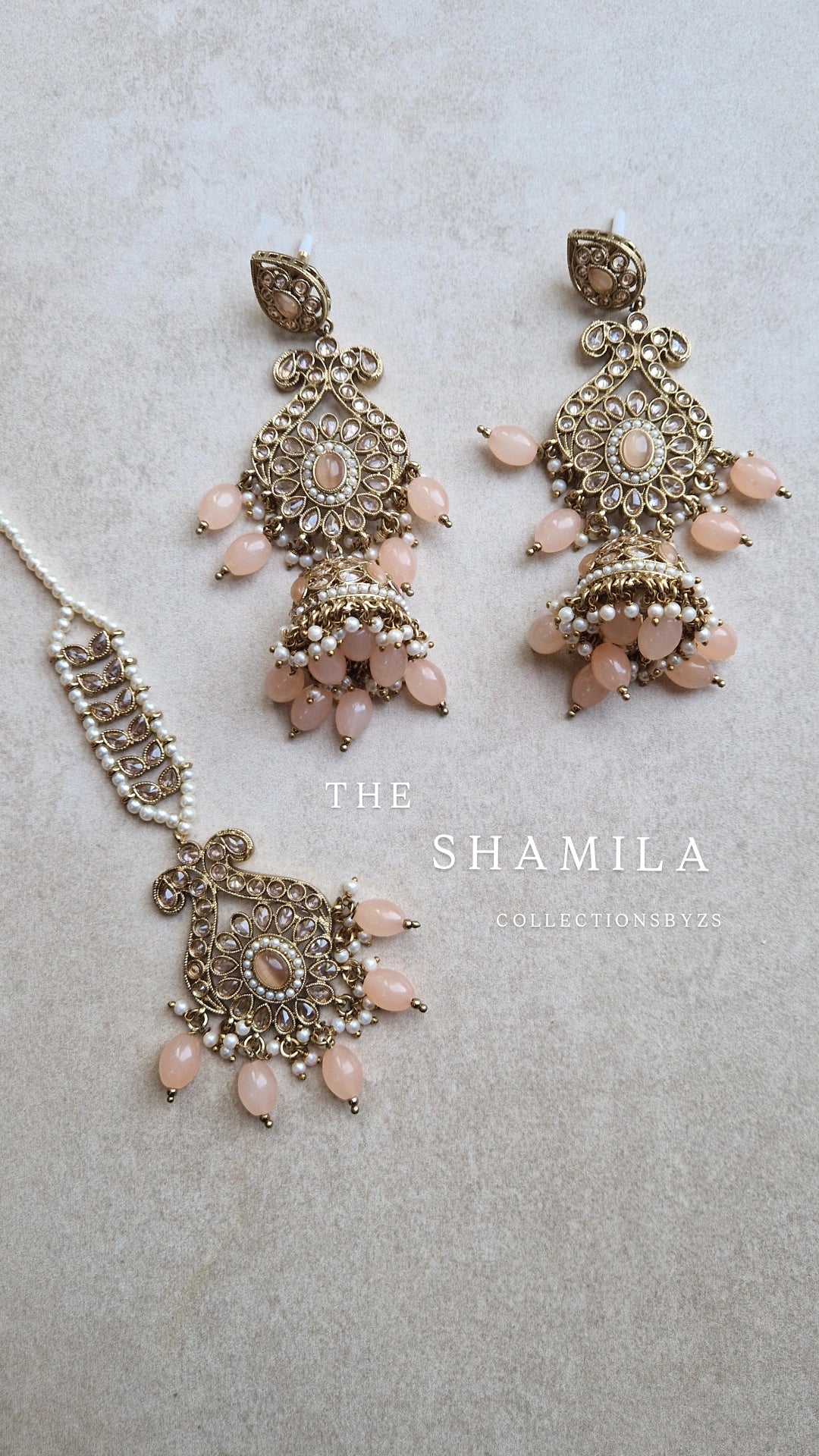 SHAMILA - Oversized Elegant Reverse AD Jhumka with Tikka -  Peach and Bronze