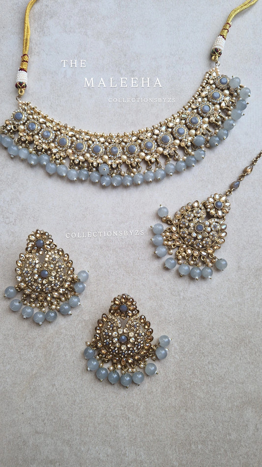 MALEEHA - Necklace, Earrings and Tikka Set- Value range- GREY