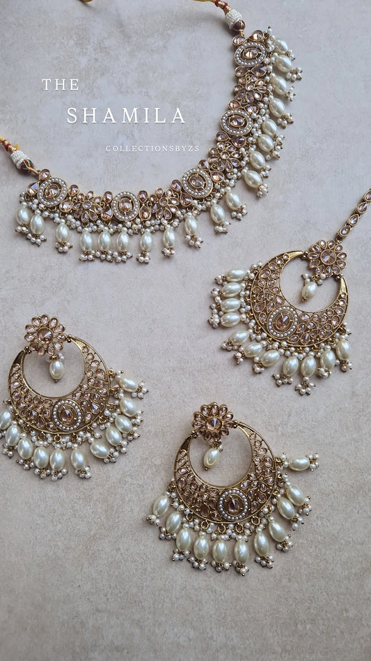 SHALINA- Beautiful Indian Reverse AD Jewellery Set - Pearl & Gold