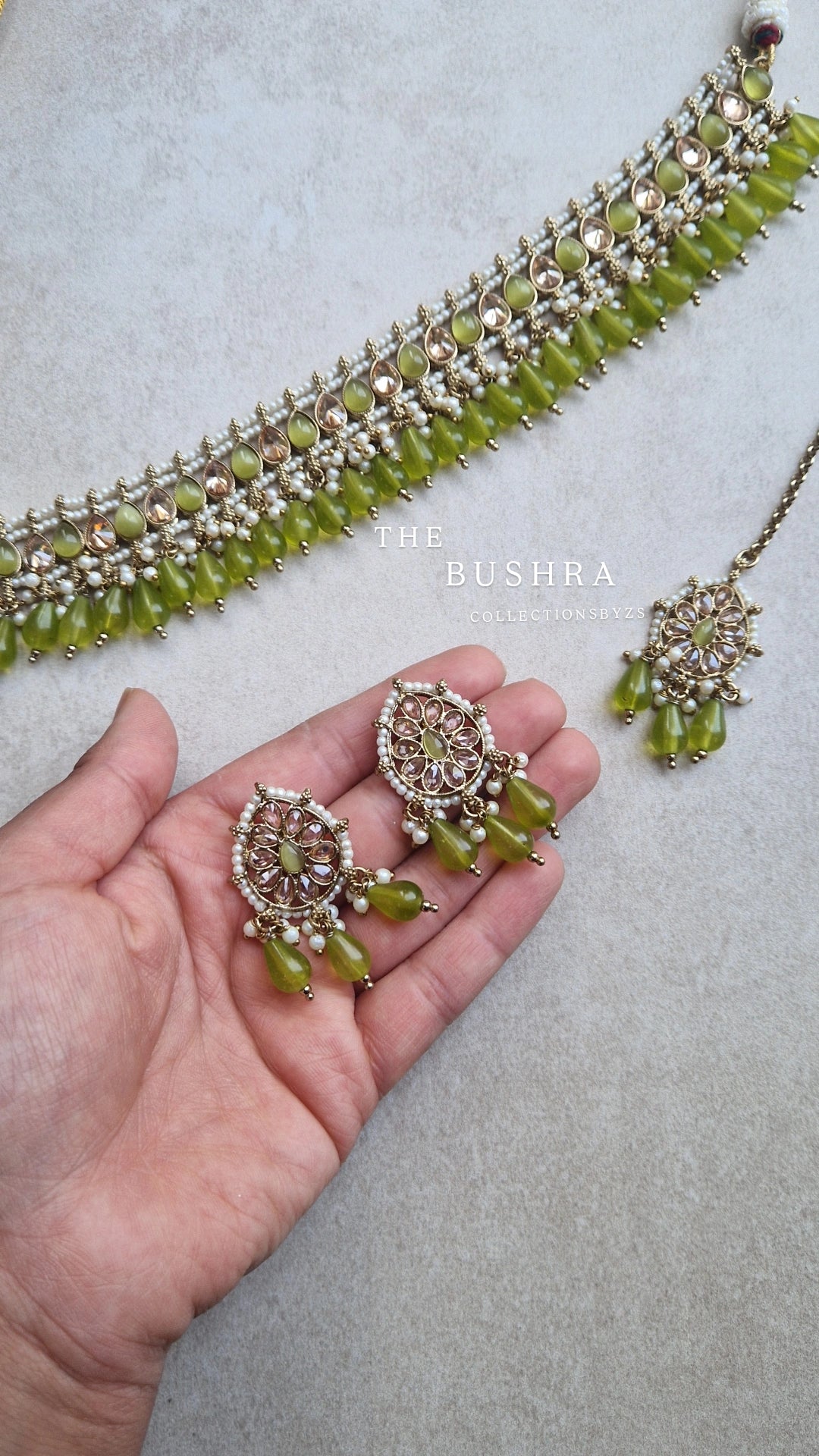 BUSHRA- Sleek Reverse AD Choker Set Indian - Green Olive.