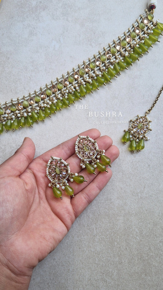 BUSHRA- Sleek Reverse AD Choker Set Indian - Green Olive.