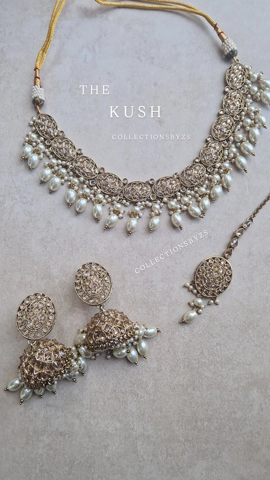 KUSH- Stunning Reverse AD Traditional Indian Jewellery Set with Jhumkas - White Pearl
