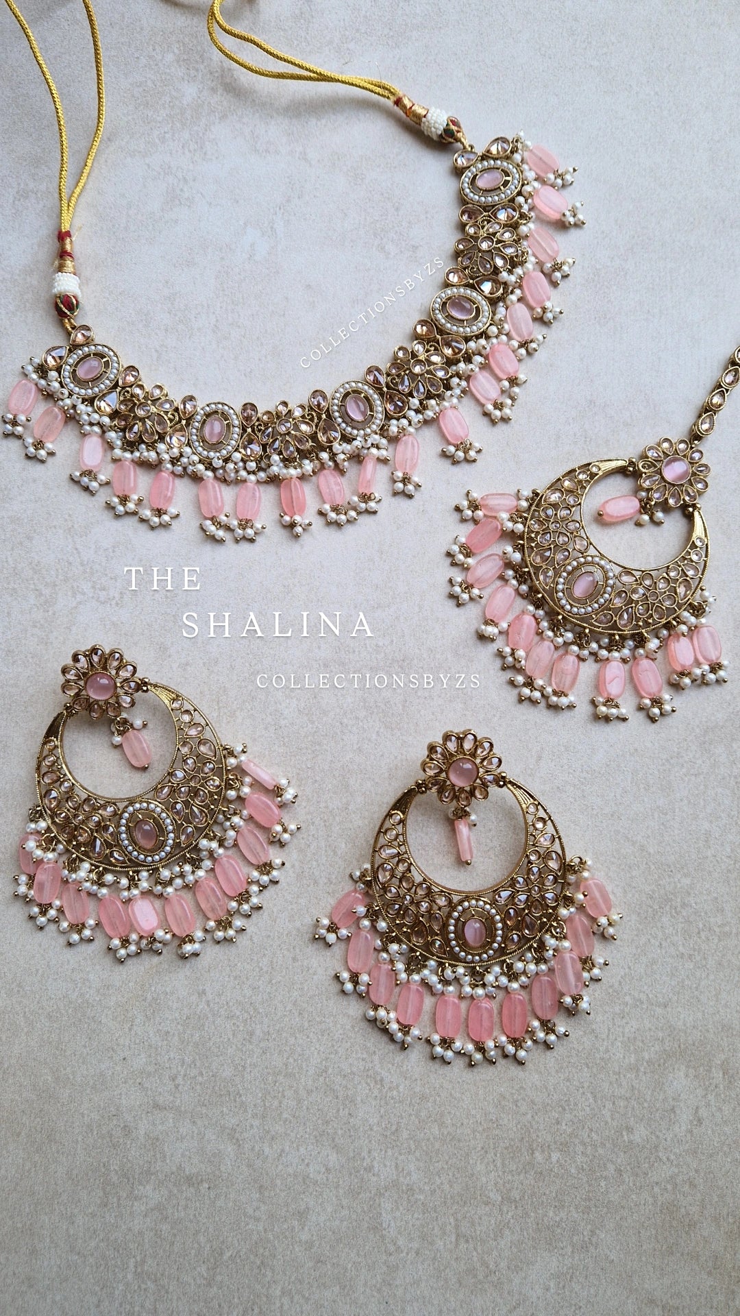 SHALINA- Beautiful Indian Reverse AD Jewellery Set - Soft Pink