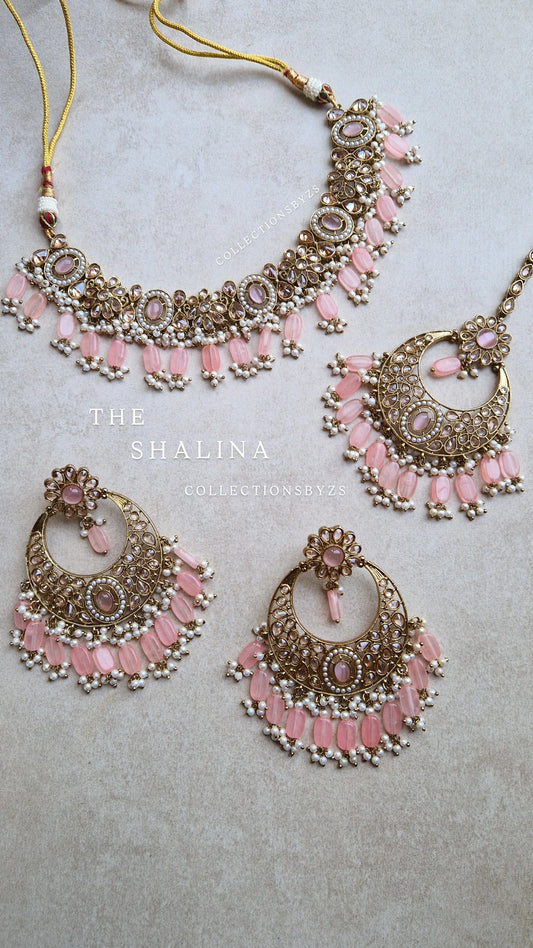 SHALINA- Beautiful Indian Reverse AD Jewellery Set - Soft Pink