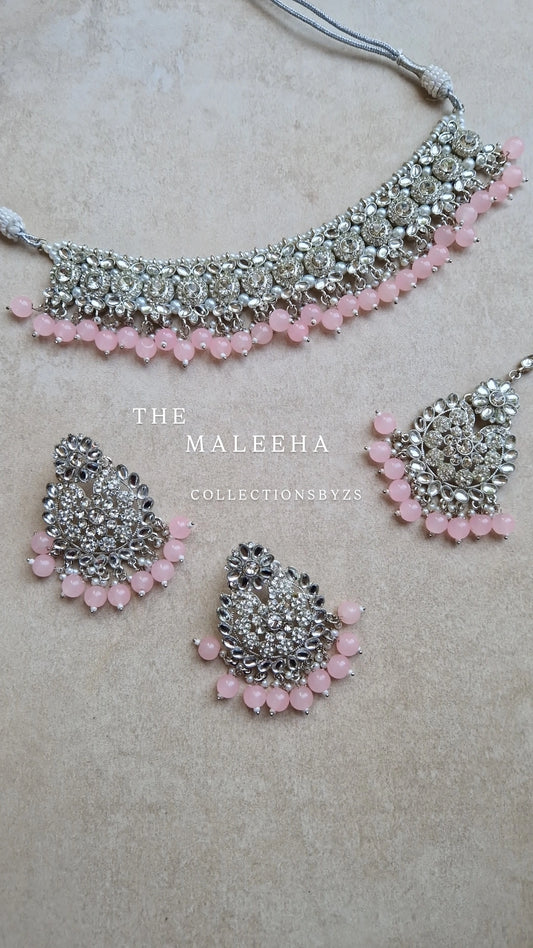 MALEEHA - Necklace, Earrings and Tikka Set- Value range- Pink and Silver