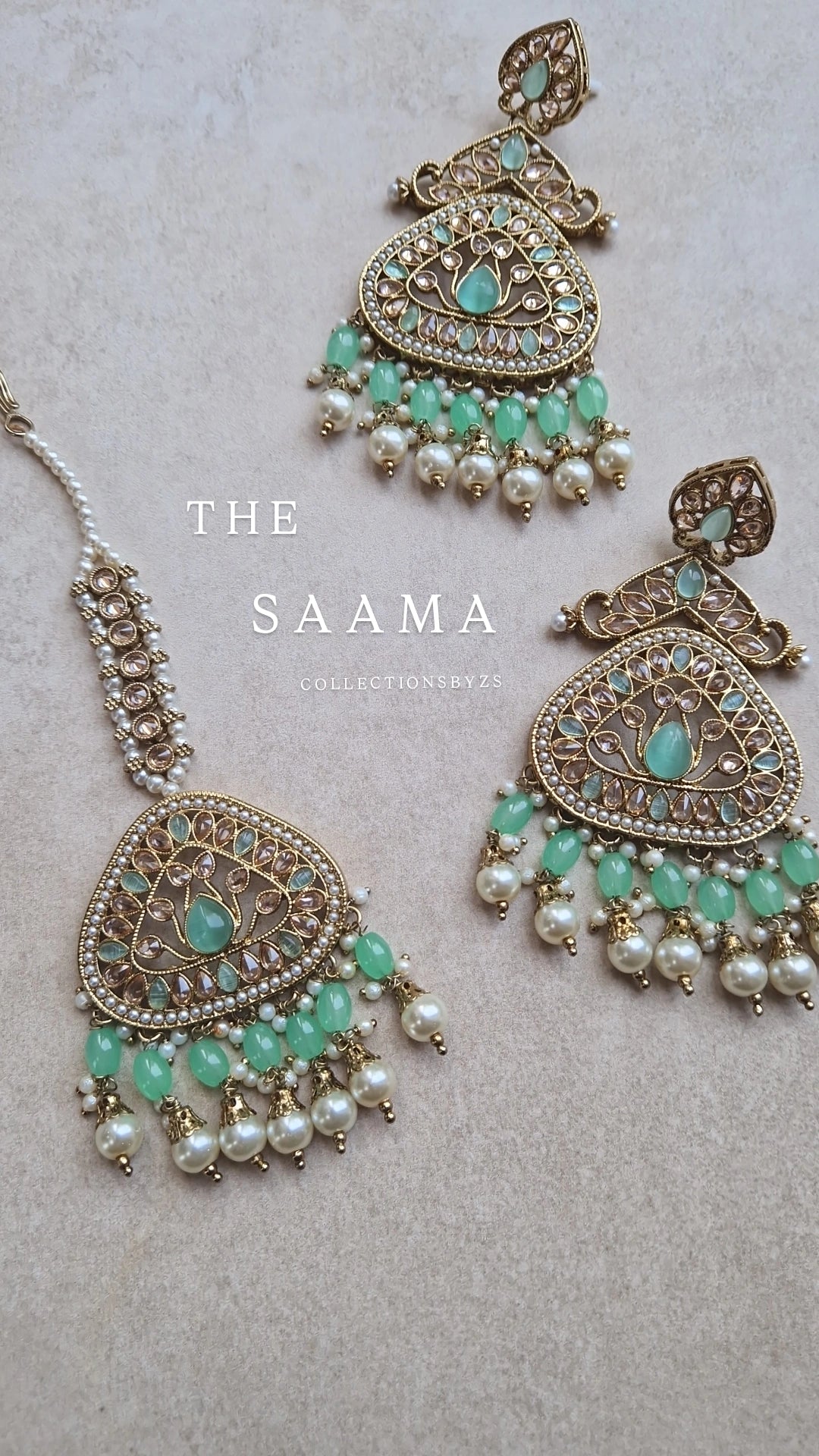 SAAMA - Indian Reverse AD Earrings and Tikka -MINT
