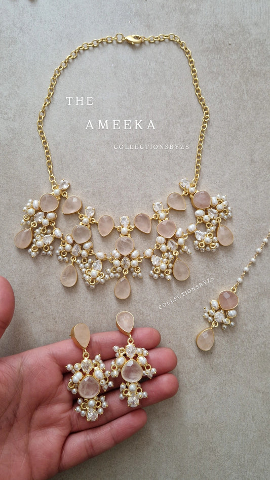 AMEEKA - *Premium* Beautiful Rose Quartz & Pearl Necklace Set