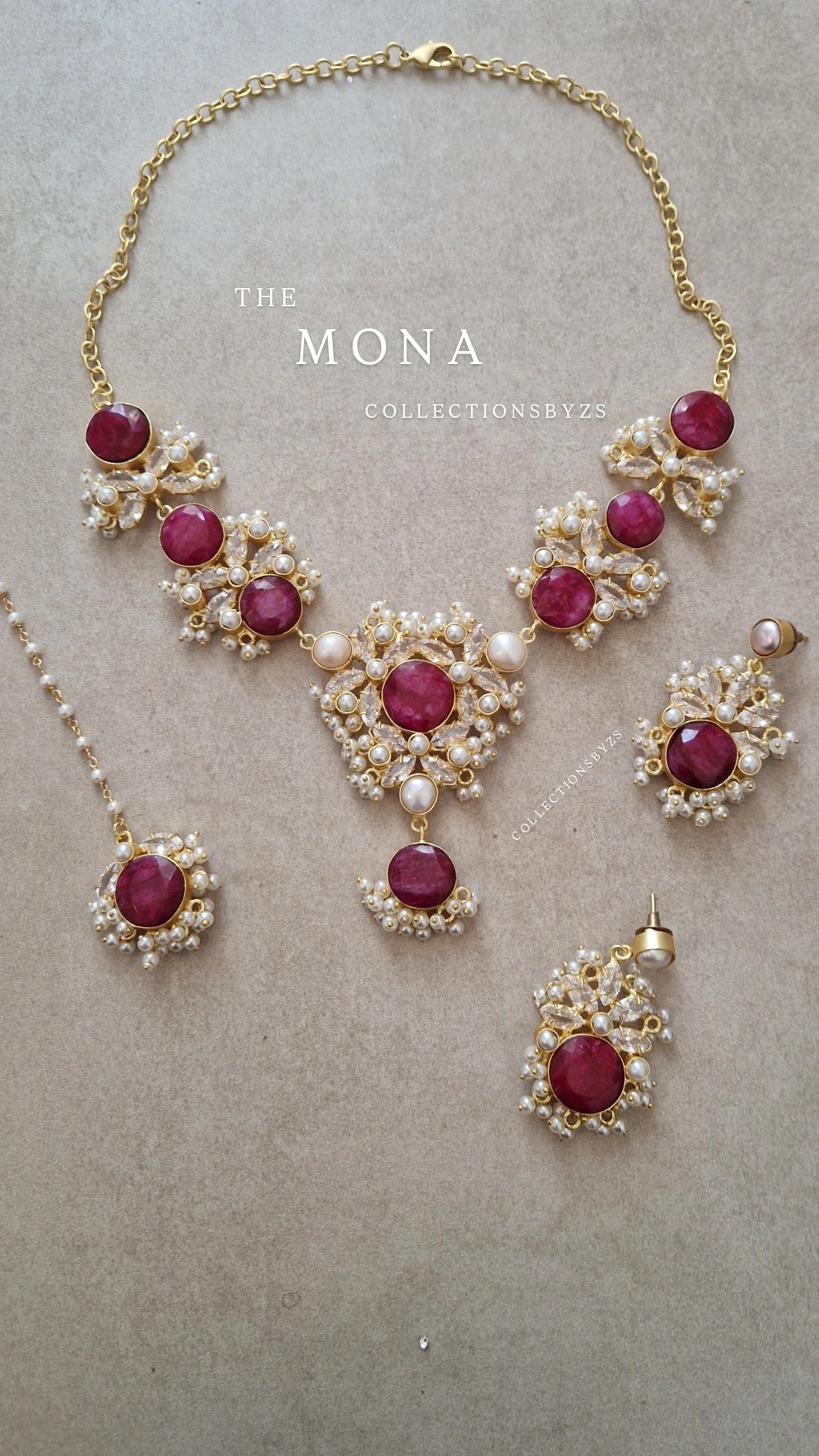 MONA - * Premium* Ruby Quartz & Authentic Pearls Jewellery Set