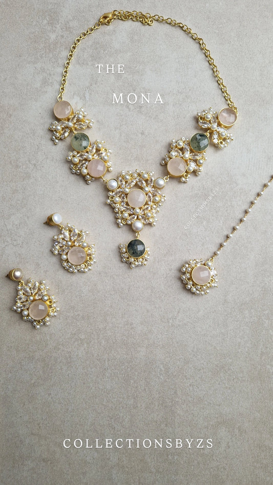 MONA - * Premium* Rose Quartz, Sage & Authentic Pearls Jewellery Set
