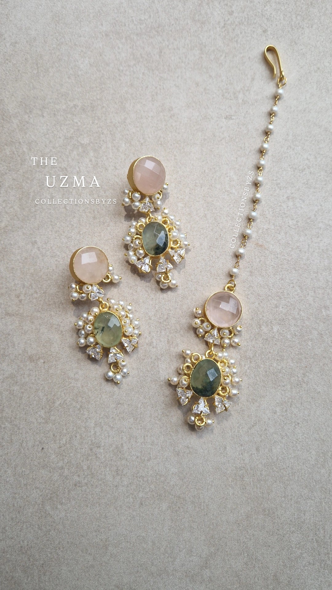 UZMA- * Premium*  Beautiful Earrings and Tikka Set - Rose Quartz and Prehnite