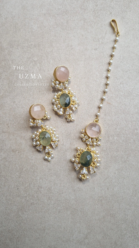 UZMA- * Premium*  Beautiful Earrings and Tikka Set - Rose Quartz and Prehnite