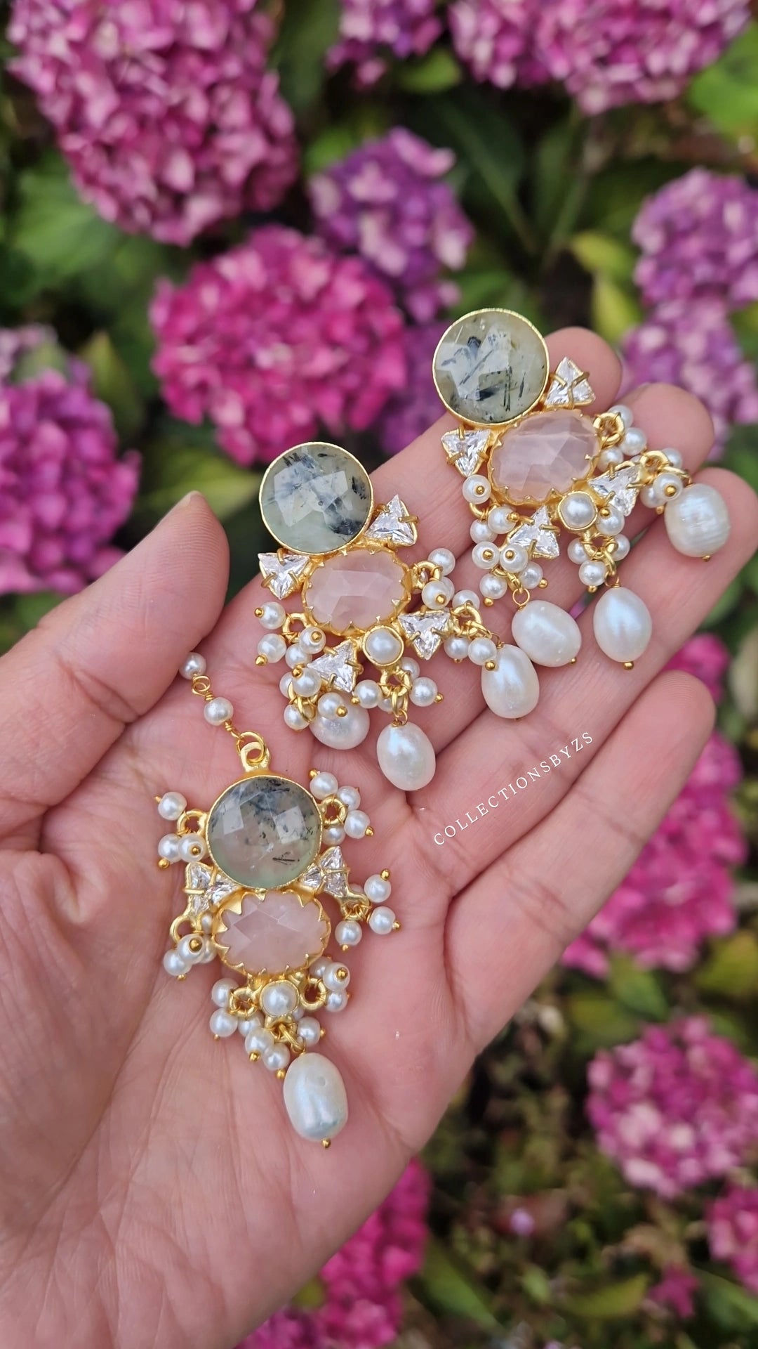 EMMI *Premium* Absolutely Beautiful  Pearl, Rose Quartz and Prehnite Choker Set