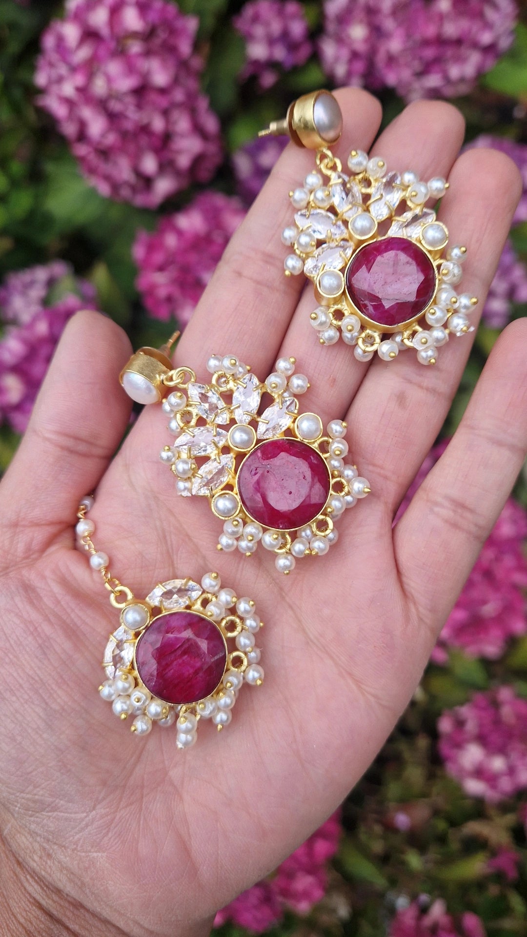 MONA - * Premium* Ruby Quartz & Authentic Pearls Jewellery Set