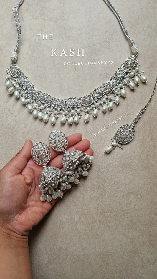 KASH- Stunning Reverse AD Traditional Indian Jewellery Set with Jhumkas - White Silver