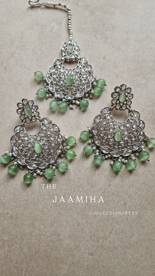 JAAMIHA- Earring & Tikka Set- Green & Silver