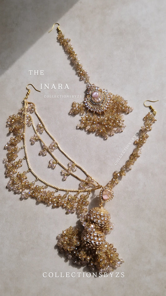 INARA - Stunning Pakistani Double Jhumka Earrings & Tikka - PINK, GOLD & PEARL.