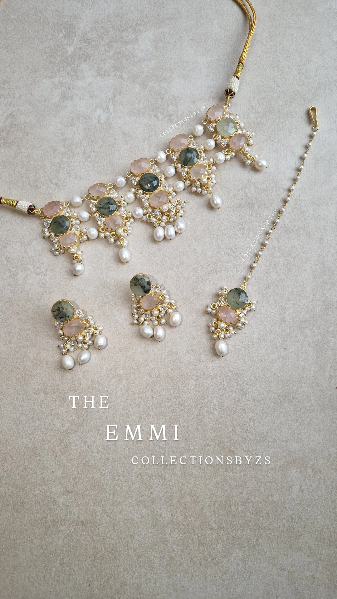 EMMI *Premium* Absolutely Beautiful  Pearl, Rose Quartz and Prehnite Choker Set