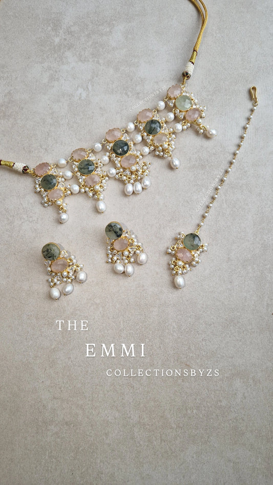 EMMI *Premium* Absolutely Beautiful  Pearl, Rose Quartz and Prehnite Choker Set