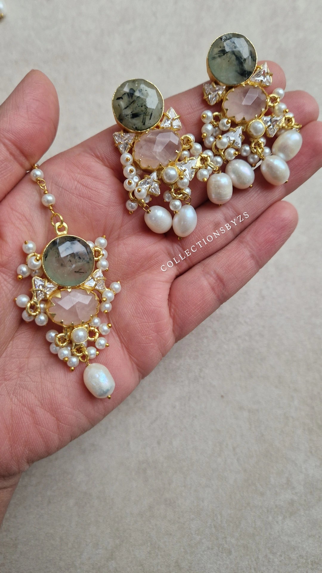 EMMI *Premium* Absolutely Beautiful  Pearl, Rose Quartz and Prehnite Choker Set