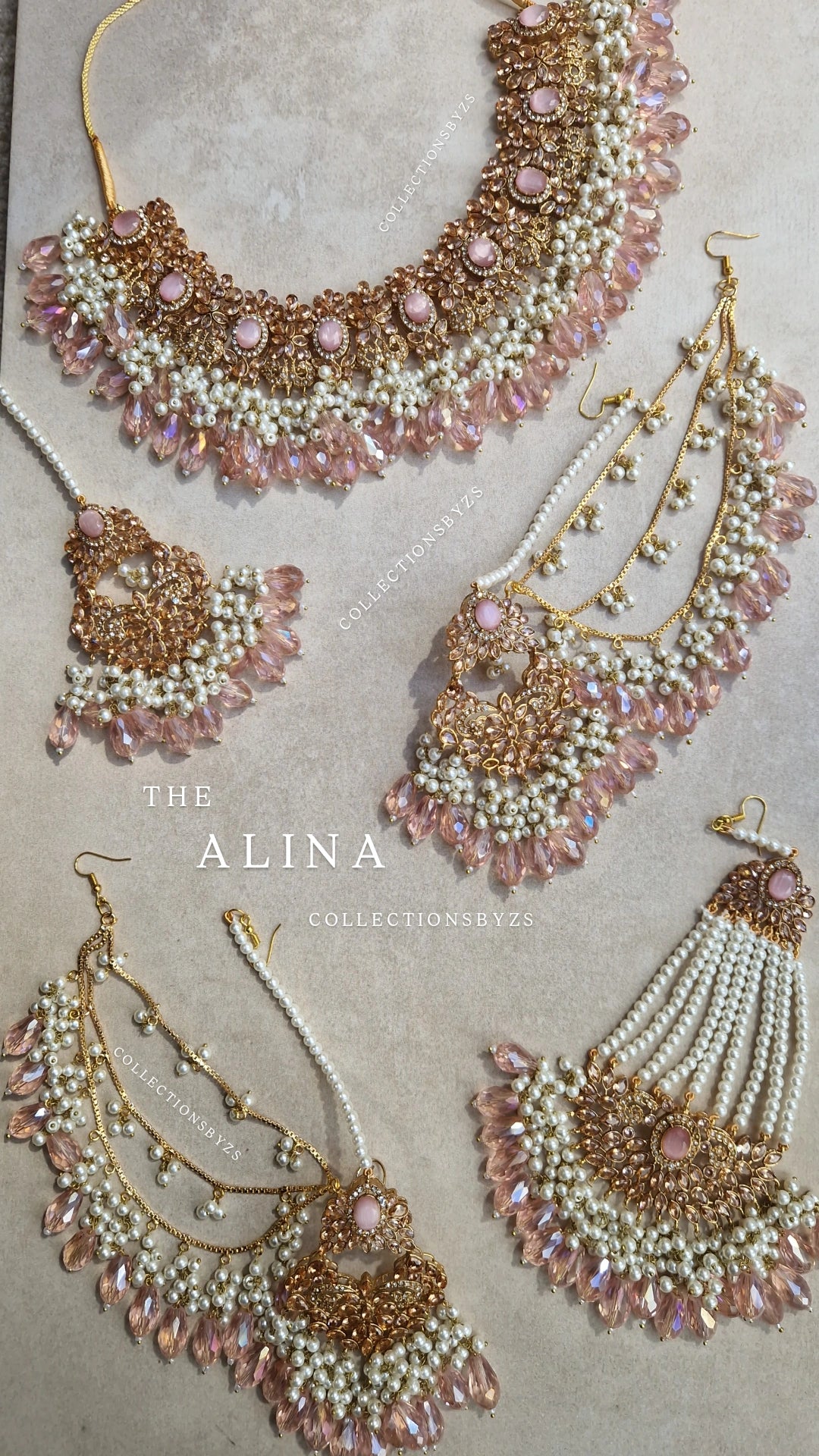 ALINA- Beautiful Pakistani Pink and Pearl BRIDAL Jewellery Set