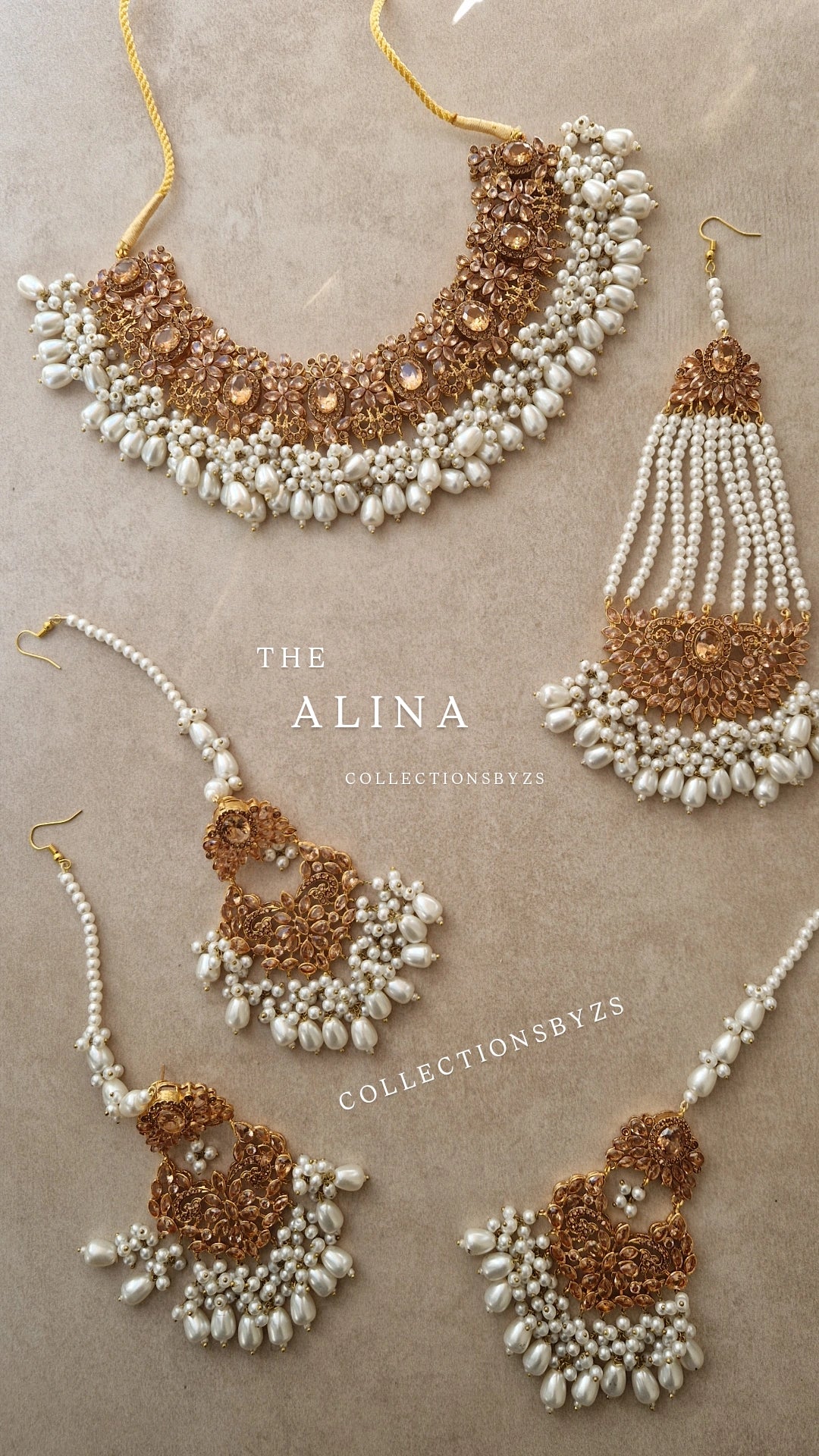 ALINA- Beautiful Pakistani Golden and Pearl - Jewellery Set
