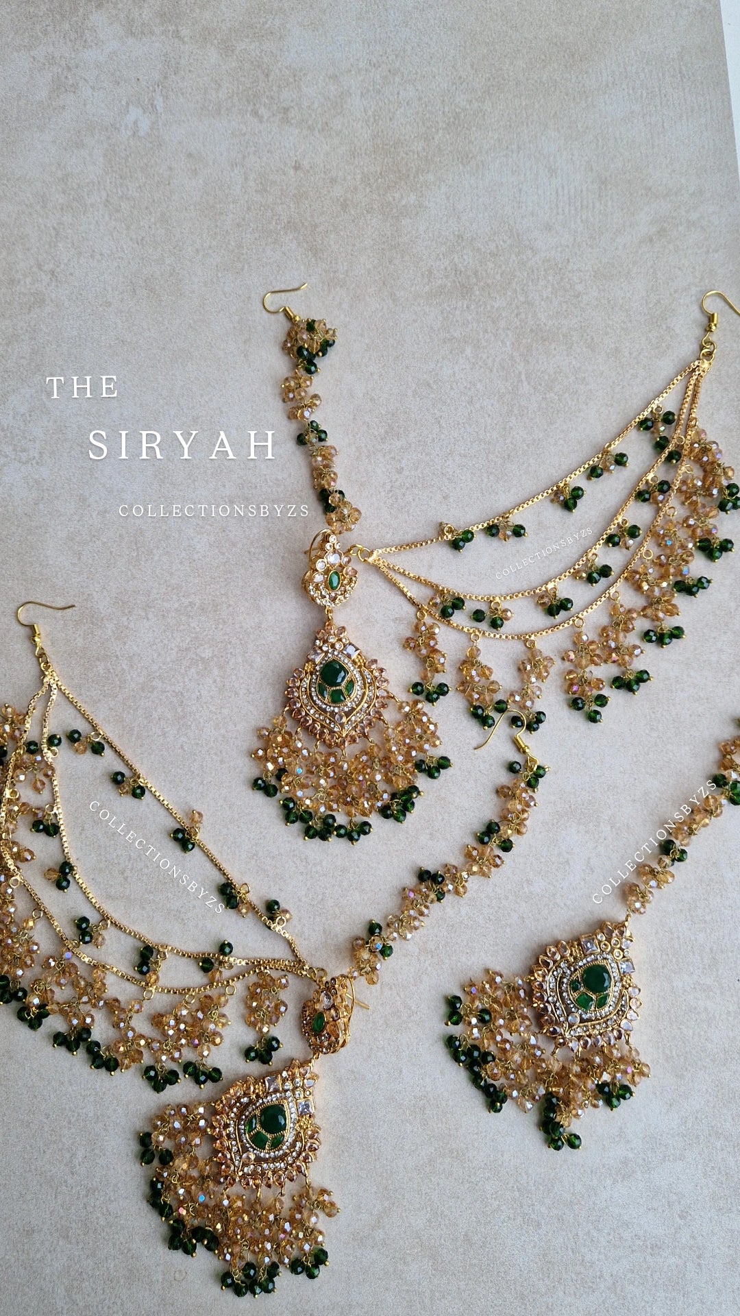 SIRYAH - Beautiful Pakistani Earrings & Tikka Set - Green and Gold