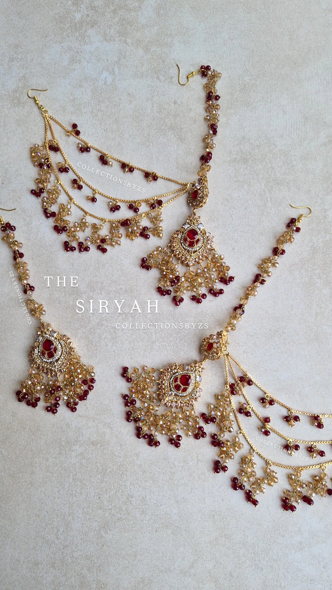 SIRYAH - Beautiful Pakistani Earrings & Tikka Set - Maroon and Gold