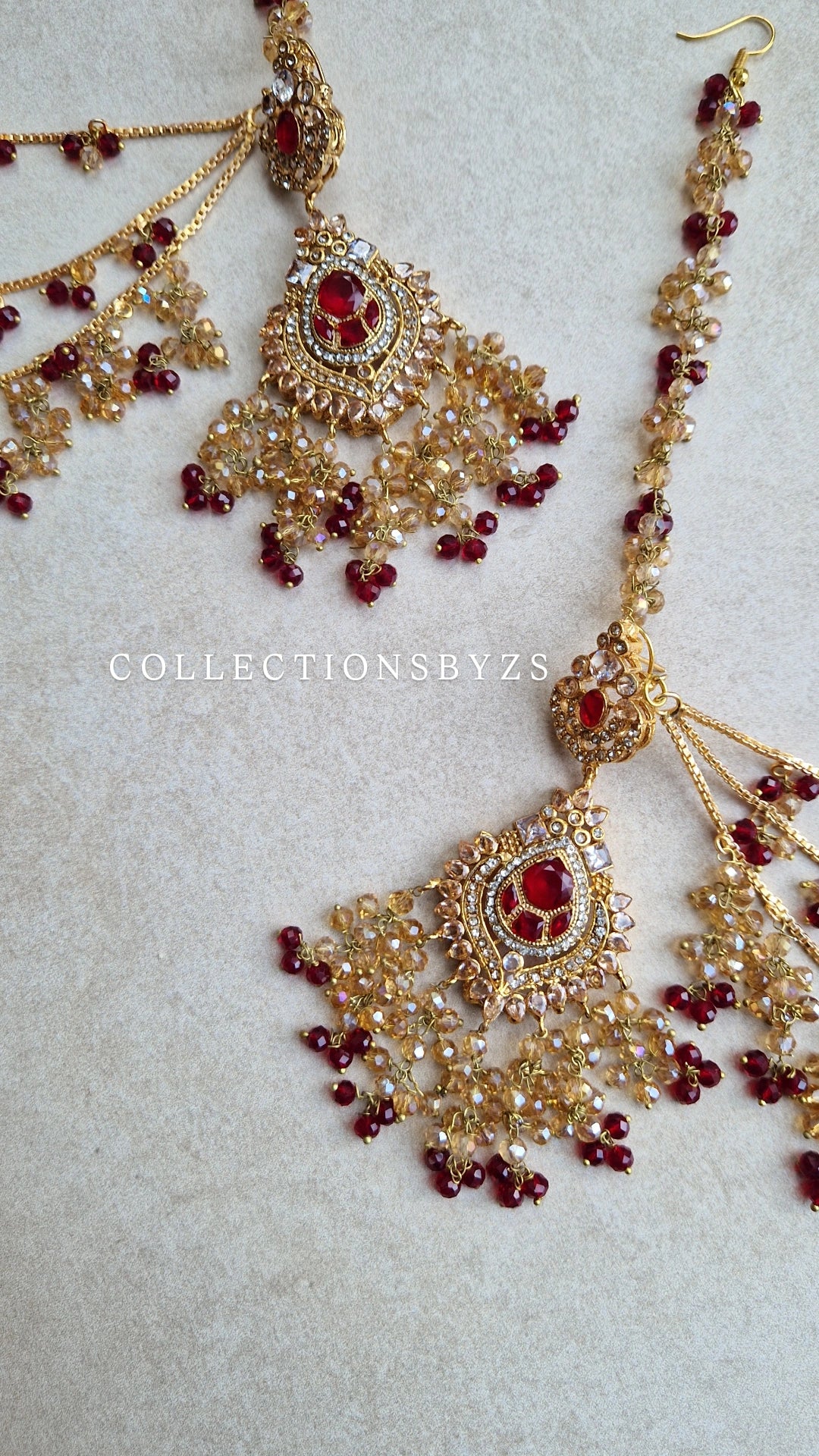 SIRYAH - Beautiful Pakistani Earrings & Tikka Set - Maroon and Gold