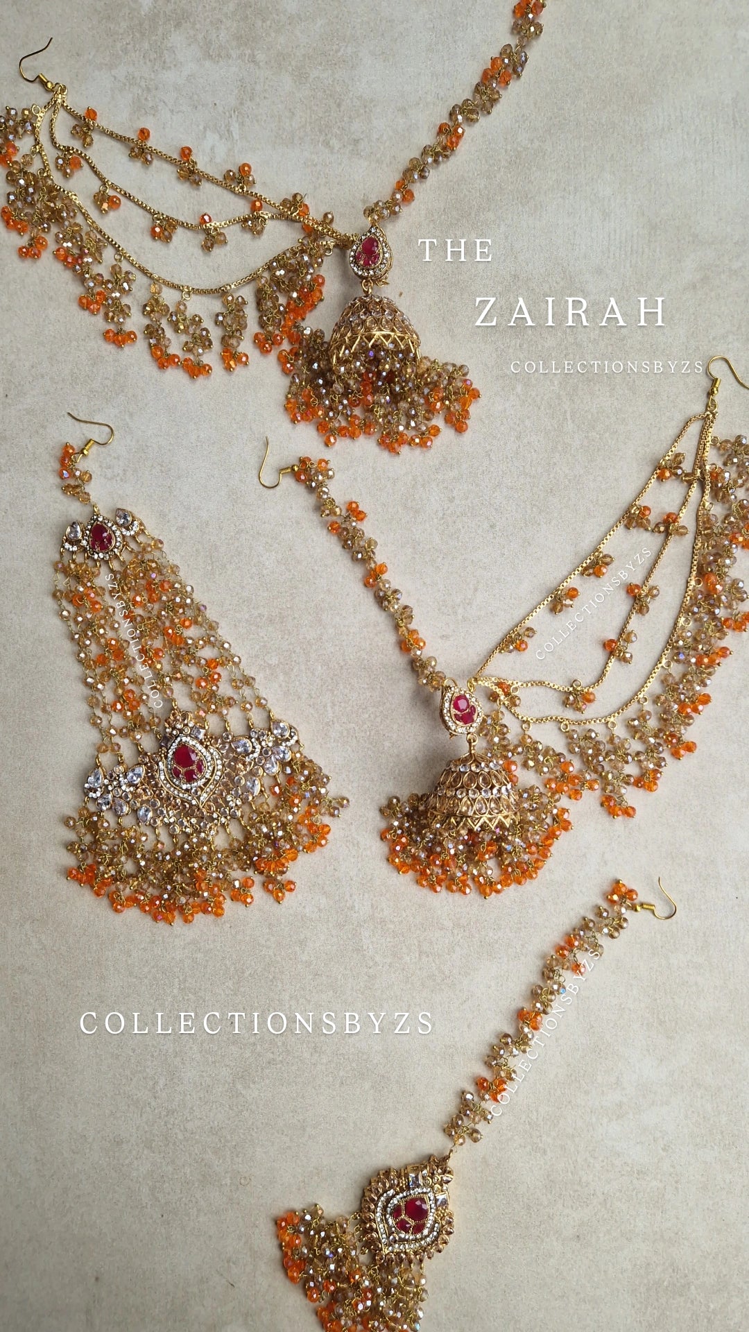 ZAIRAH  - 3 piece Pakistani  Jhumar, Jhumka with Sahara's and Tikka Set -  Orange