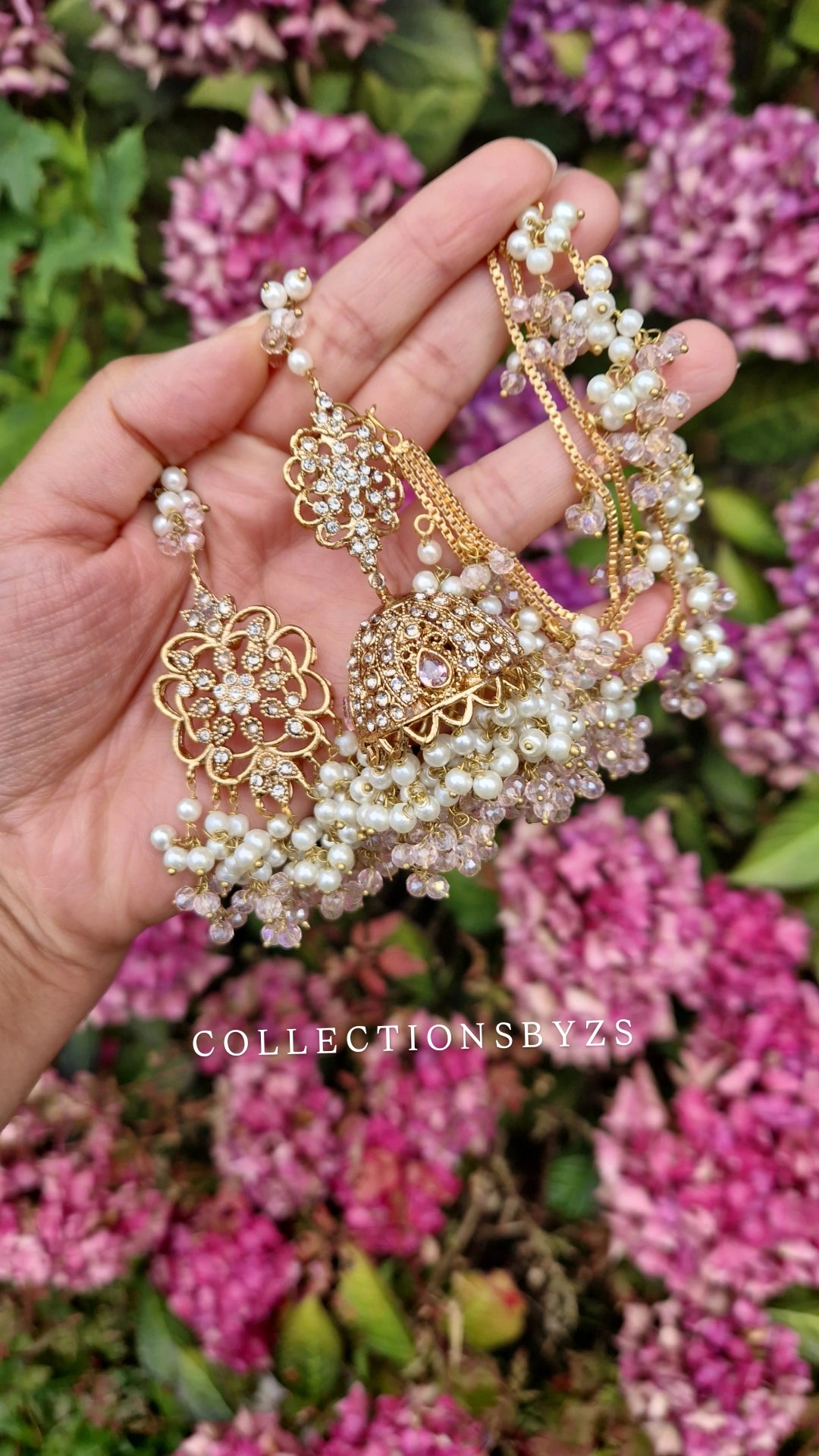 RAMA- Beautiful Pakistani Jhumka with Saharas & Earring Set - Pink & Pearl