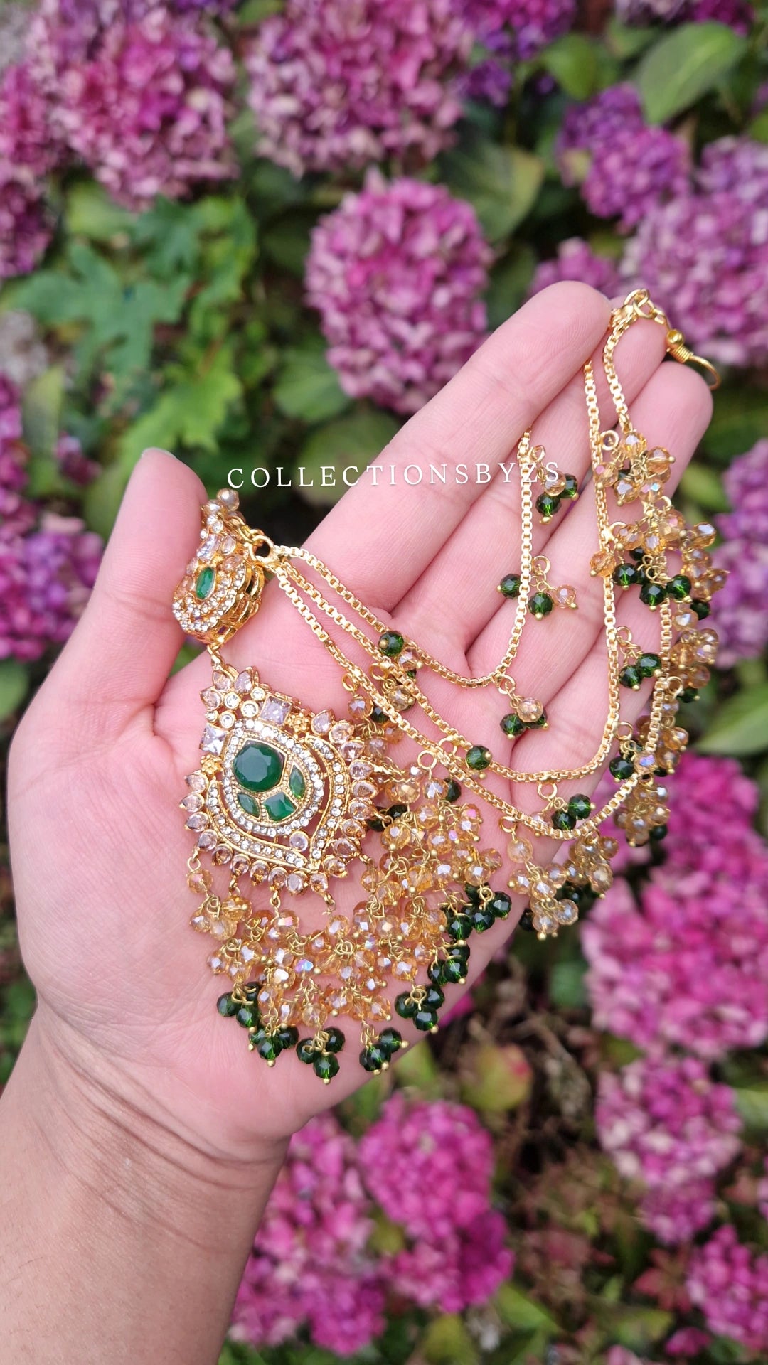 SIRYAH - Beautiful Pakistani Earrings & Tikka Set - Green and Gold