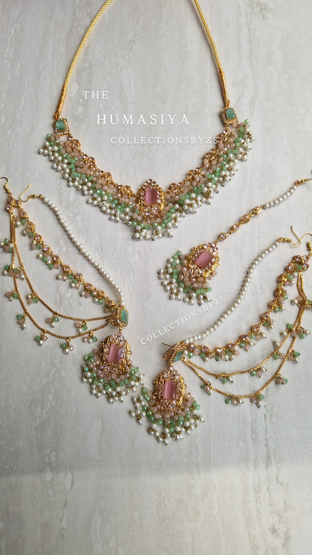 HUMASIYA - Beautiful Small elegant Pakistani Jewellery Set -  Green and Pink