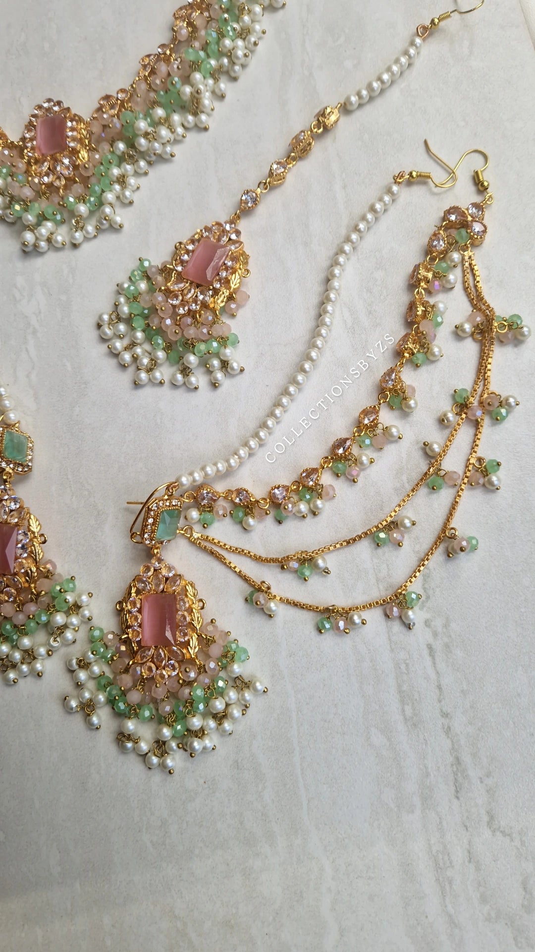 HUMASIYA - Beautiful Small elegant Pakistani Jewellery Set -  Green and Pink