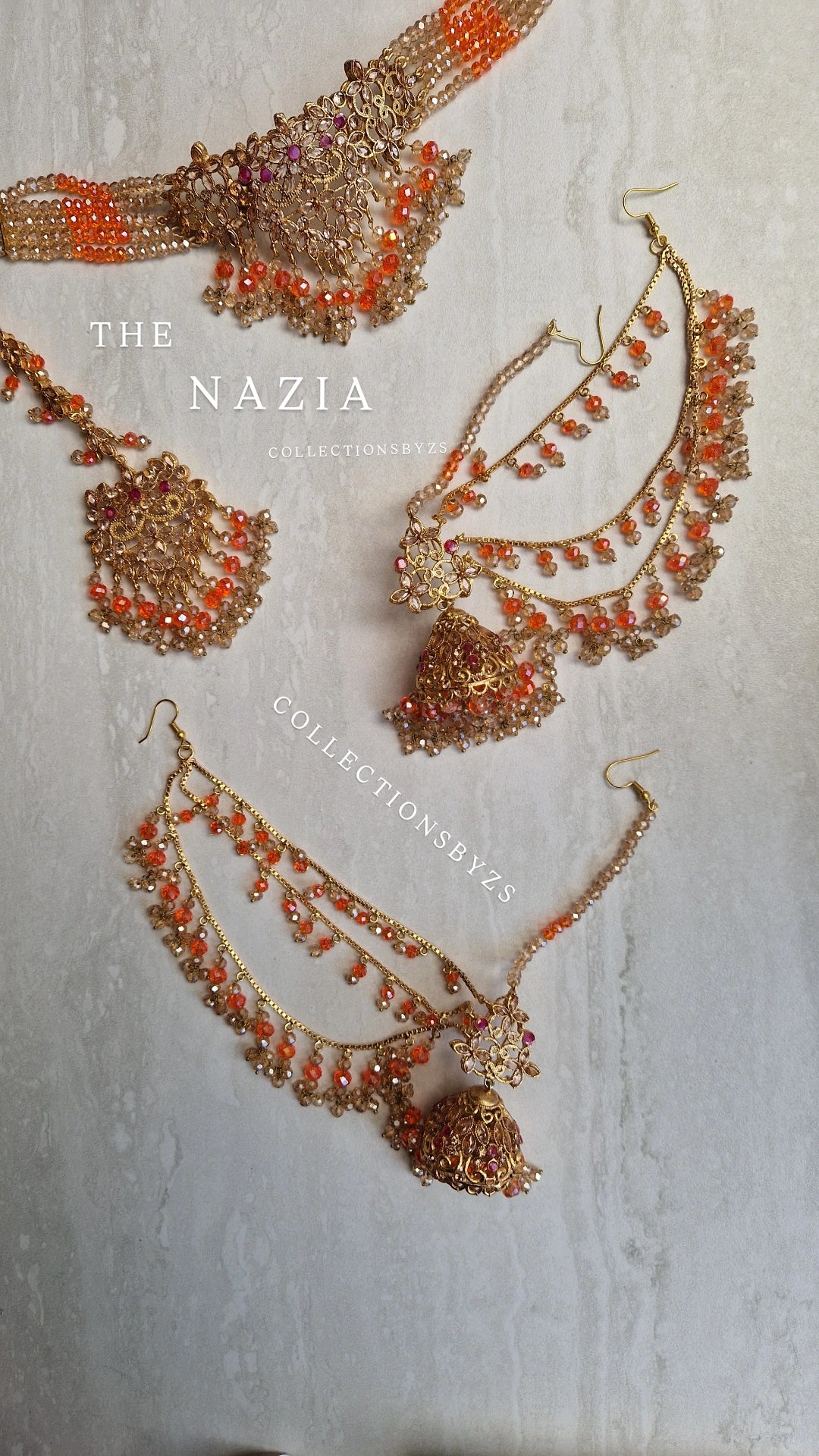 NAZIA- Stunning Pakistani Choker Set - Orange and Gold