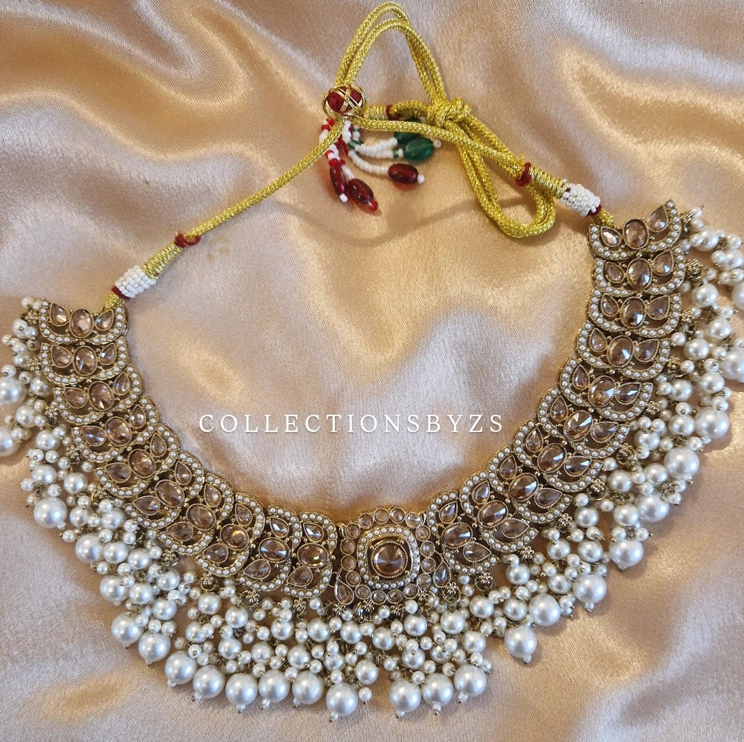 S A R A - Beautiful Indian 4 piece Necklace Set - WHITE PEARL