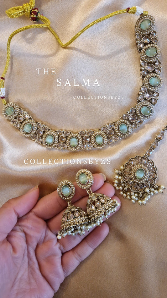 S A L M A - Small Elegant Indian Necklace Set - LIGHT GREEN