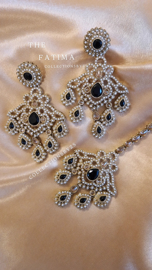 F A T I M A - Elegant Pearl Indian Tikka and Earring Set - BLACK