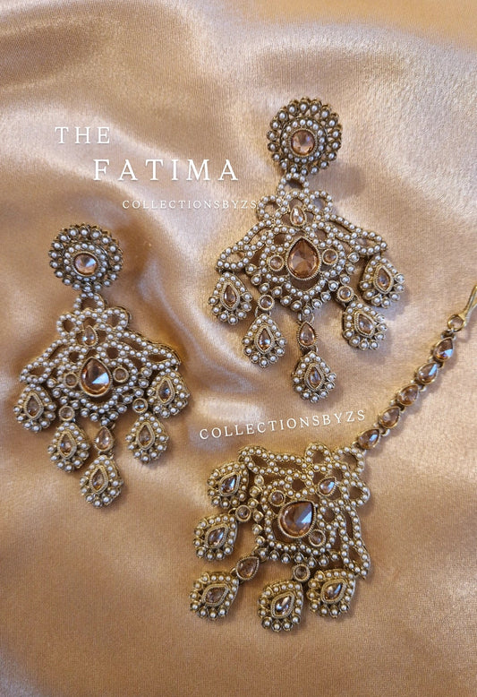 F A T I M A - Elegant Pearl Indian Tikka and Earring Set - GOLD