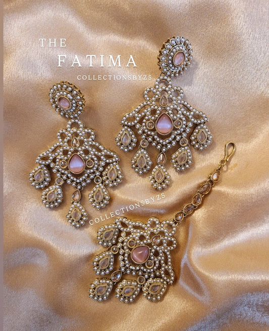 F A T I M A - Elegant Pearl Indian Tikka and Earring Set - PINK