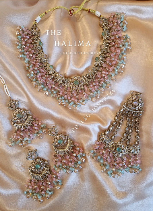 H A L I M A - Beautiful Indian 4 piece Necklace Set - Pink & Aqua