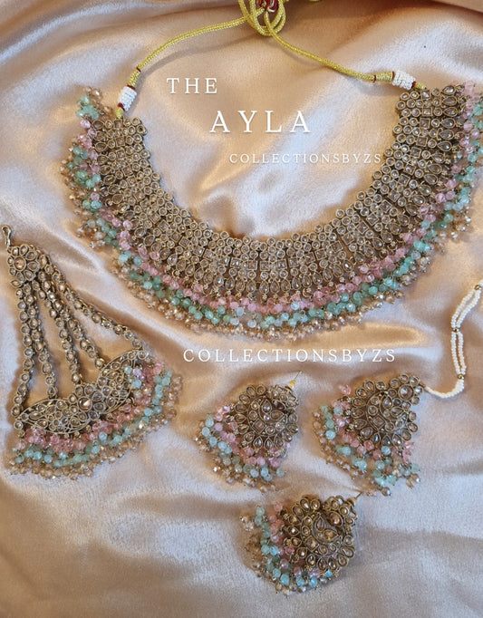 A Y L A - Stunning 4 Piece Indian Wedding/Party Jewellery Set - Mint/Aqua & Pink
