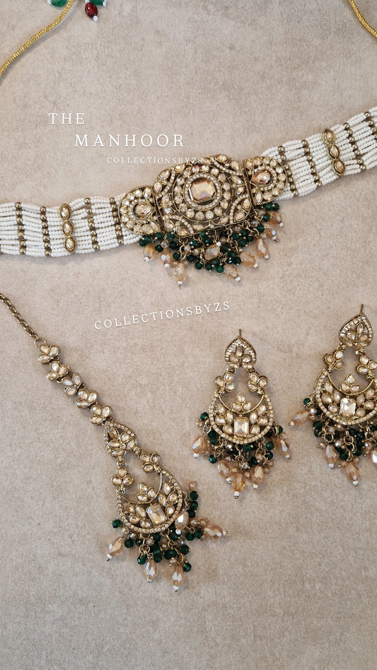 MAHNOOR - Elegant Indian Choker Set- DARK GREEN