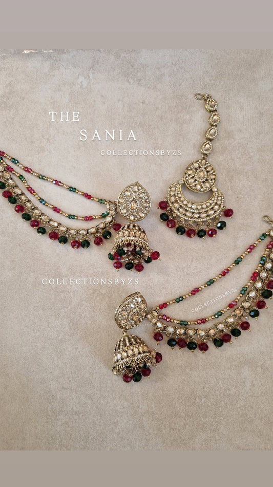 SANIA  - Earring Jhumka Tikka Set - MAROON/RED & GREEN