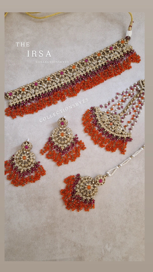 IRSA - Stunning Elegant Indian Choker Set - BRIGHT ORANGE + PURPLE/PINK